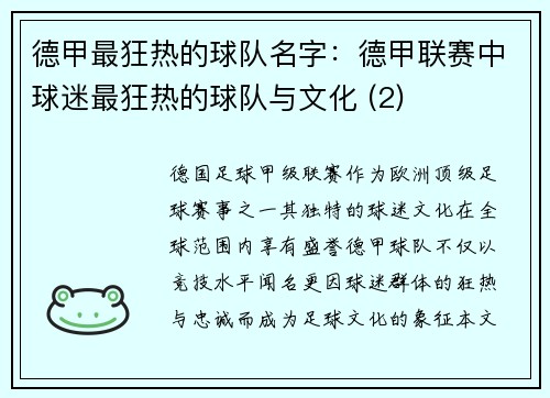 德甲最狂热的球队名字：德甲联赛中球迷最狂热的球队与文化 (2)